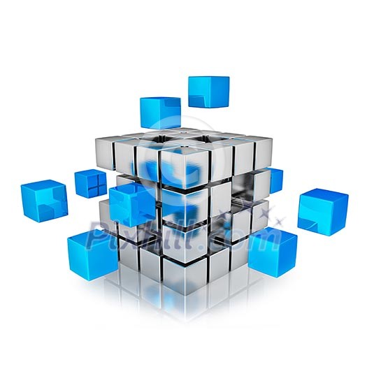 Business teamwork internet communication concept - cubes assembling into metal cubic structure isolated on white with reflection