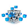 Business teamwork internet communication concept - cubes assembling into metal cubic structure isolated on white with reflection