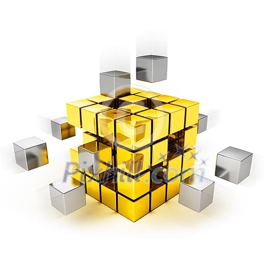Teamwork concept - metal cubes assembling into gold one Teamwork concept - metal cubes assembling into gold one