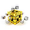 Teamwork concept - metal cubes assembling into gold one