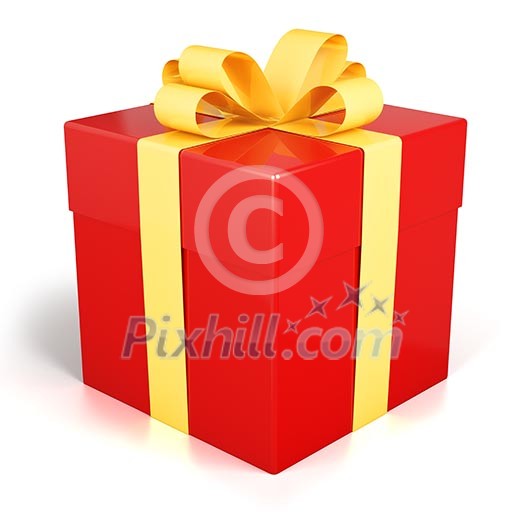 Red gift box present with golden ribbon isolated on white background with reflection
