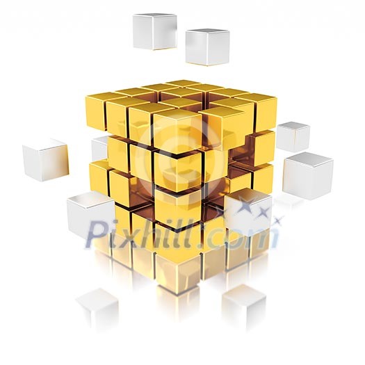 Teamwork concept - metal cubes assembling into gold one