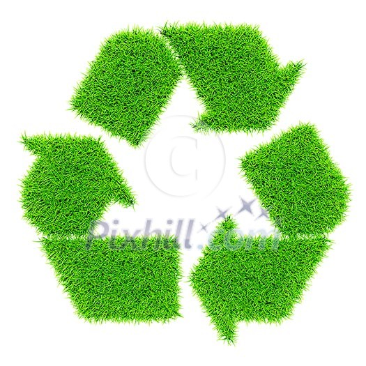 Ecology eco conservation recycling concept - green recycling symbol made of grass isolated on white background