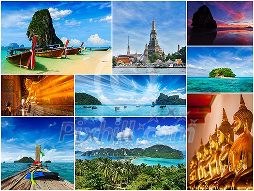 Thai travel tourism concept design - collage of Thailand images Thai travel tourism concept design - collage of Thailand images