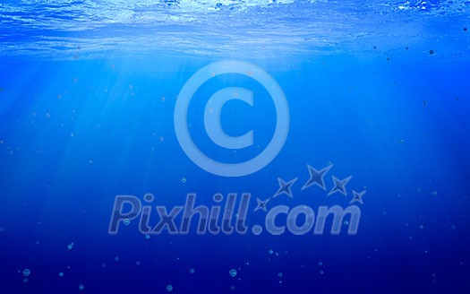 Underwater scene with sunrays and bubbles