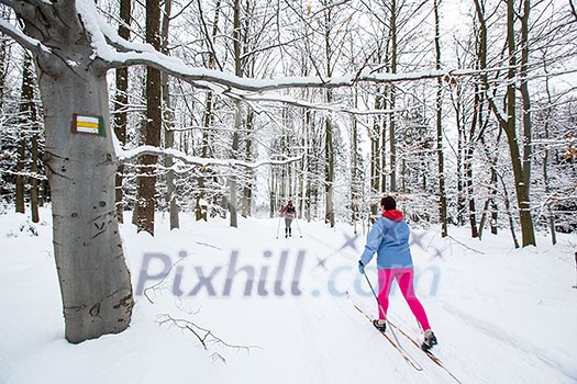 Cross-country skiing: two women cross-country skiing on a winter day (motion blurred image) Cross-country skiing: two women cross-country skiing on a winter day (motion blurred image)