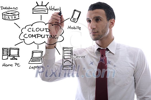 business man draw cloud computing chart on glass  isolated over  white background  in studio