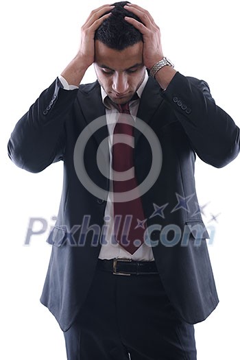 Portrait of a young business man looking depressed from work isolated over white background in studio Portrait of a young business man looking depressed from work isolated over white background in studio