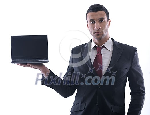 Smiling business man hold and work on mini laptop comuter Isolated on white background in studio Smiling business man hold and work on mini laptop comuter Isolated on white background in studio