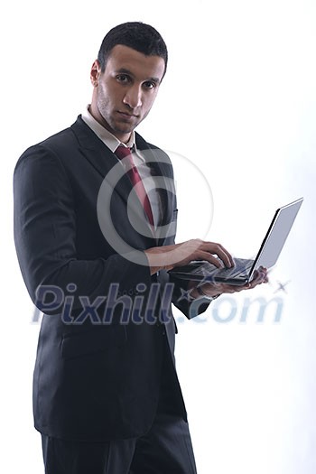 Smiling business man hold and work on mini laptop comuter   Isolated on white background in studio