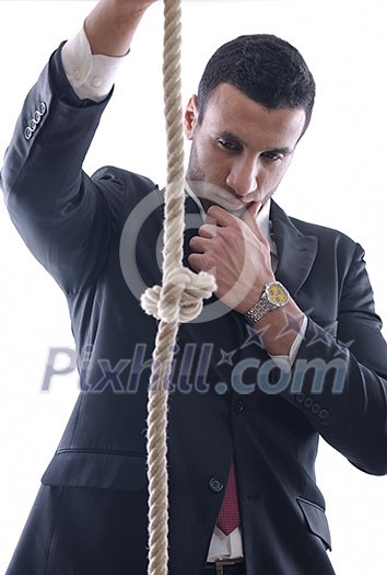 Business man pulling and bond tied with rope concept isolated on white background in studio Business man pulling and bond tied with rope concept isolated on white background in studio