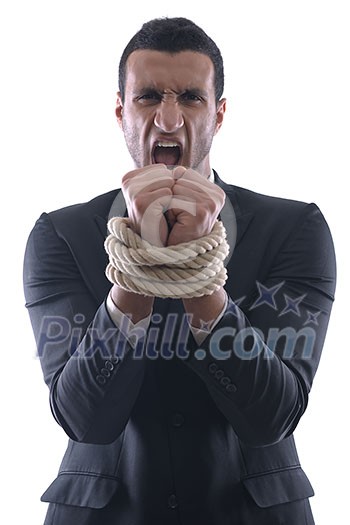 Business man pulling and bond tied with rope concept isolated on white background in studio Business man pulling and bond tied with rope concept isolated on white background in studio
