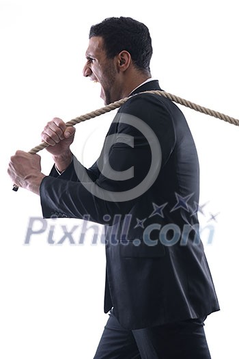 Business man pulling and bond tied with rope concept isolated on white background in studio Business man pulling and bond tied with rope concept isolated on white background in studio