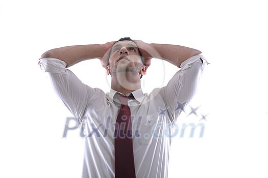 Business man pulling and bond tied with rope concept isolated on white background in studio Business man pulling and bond tied with rope concept isolated on white background in studio