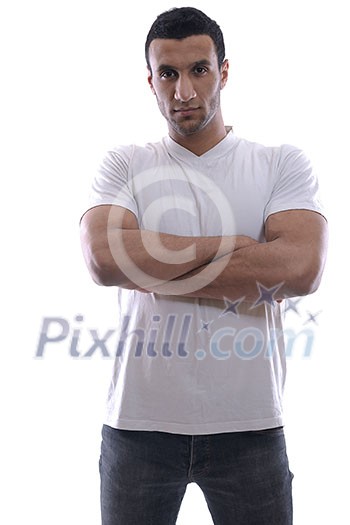 portrait of relaxed young man dressed in white shirt and jeans isolated over white background in studio