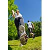 Young couple jogging in park at morning. Health and fitness.