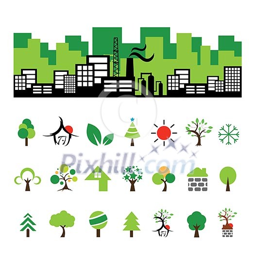 vector building and tree symbol set 