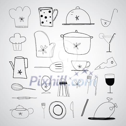 vector hand drawn cooking foods and kitchen 