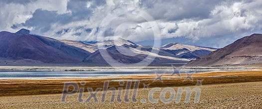 Panorama of Tso Kar - fluctuating salt lake in Himalayas. Rapshu,  Ladakh, Jammu and Kashmir, India