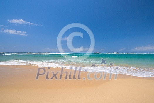 Peaceful beach scene with ocean and blue sky