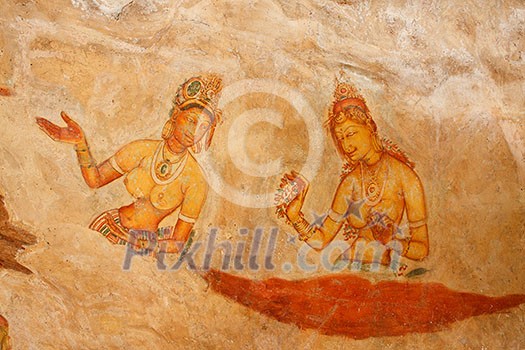 Famous ancient wall paintings (frescoes) at Sigirya, Sri Lanka