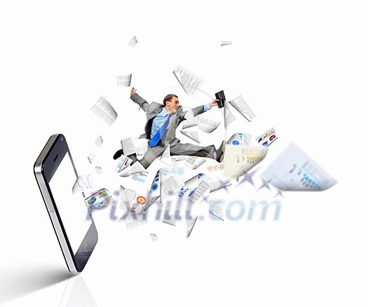 Image of businessman jumping out of mobile phone Image of businessman jumping out of mobile phone