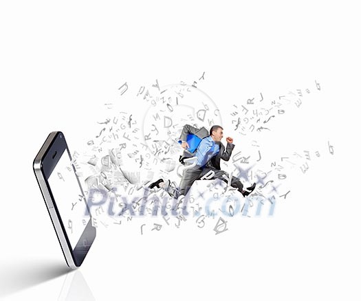 Image of businessman jumping out of mobile phone Image of businessman jumping out of mobile phone