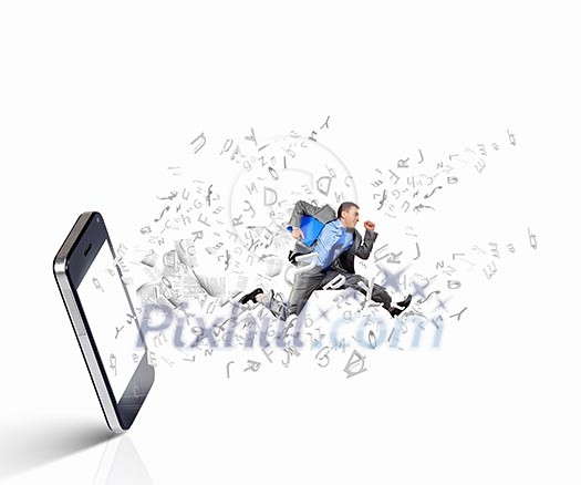 Image of businessman jumping out of mobile phone