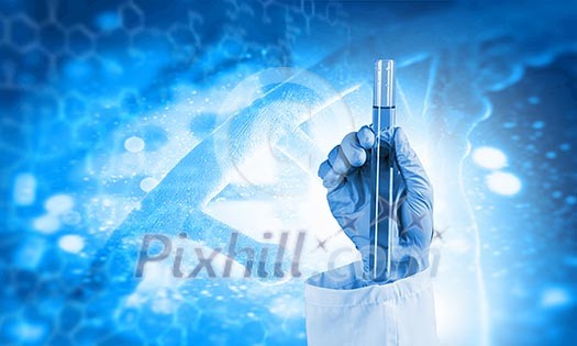 Close up image of human hand holding test tube. Science concept Close up image of human hand holding test tube. Science concept