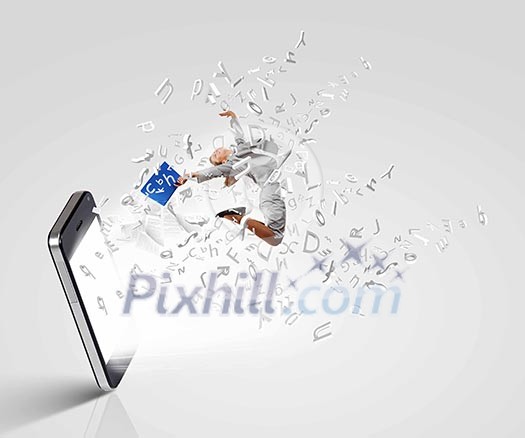 Image of businesswoman jumping out of mobile phone Image of businesswoman jumping out of mobile phone