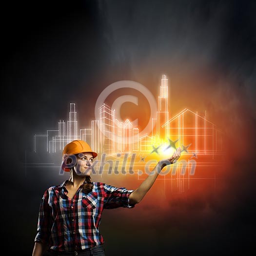 Image of woman in hardhat pushing icon of media screen Image of woman in hardhat pushing icon of media screen