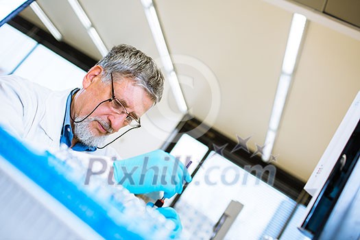 Senior male researcher carrying out scientific research in a lab (shallow DOF; color toned image)