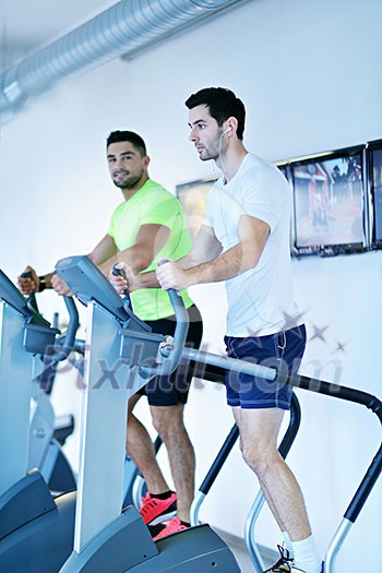 group of young people running on treadmills in modern sport gym group of young people running on treadmills in modern sport gym