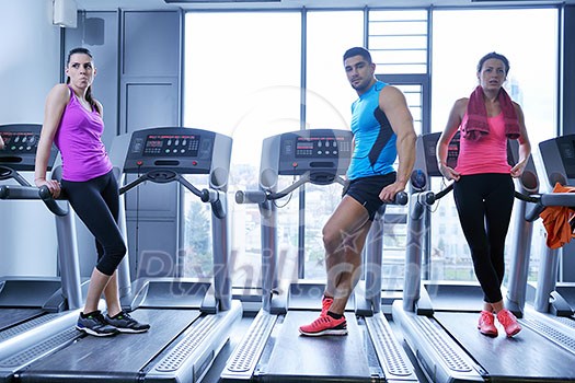 group of young people running on treadmills in modern sport gym group of young people running on treadmills in modern sport gym
