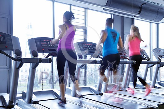 group of young people running on treadmills in modern sport gym group of young people running on treadmills in modern sport gym