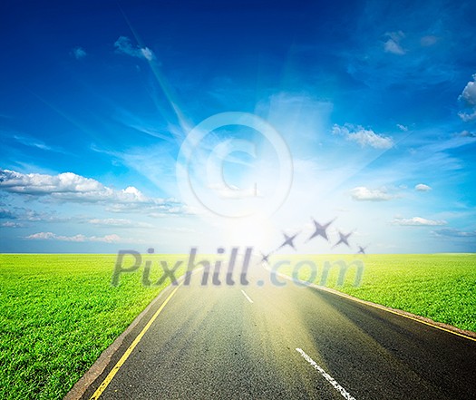 Road, field, sky landscape