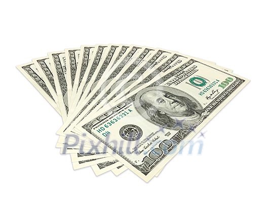 Hundreds of dollars spread on white background Hundreds of dollars spread on white background