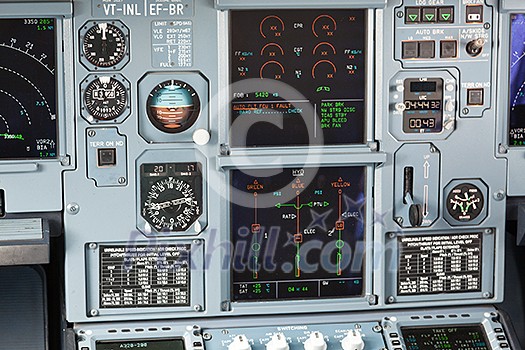 Modern passenger jet aircraft cockpit dashboard Modern passenger jet aircraft cockpit dashboard
