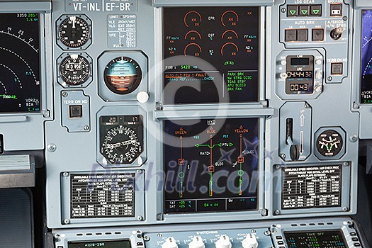 Modern passenger jet aircraft cockpit dashboard