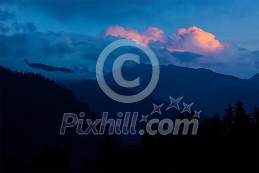 Sunset in Himalayas. Manali, Kullu Valley, Himachal Pradesh, India