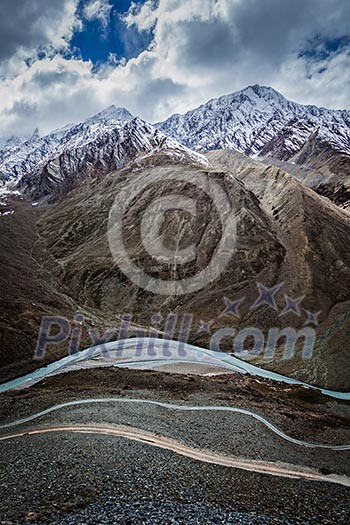 Spiti valley, river, road in Himalayas. Himachal Pradesh, India Spiti valley, river, road in Himalayas. Himachal Pradesh, India