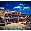 Vintage retro effect filtered hipster style travel image of Buddhist monastery in Kaza. Spiti Valley, Himachal Pradesh, India