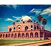 Vintage retro hipster style travel image of Humayun's Tomb with overlaid grunge texture. Delhi, India