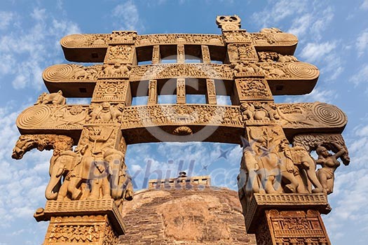 Gateway decoration of Great Stupa - ancient Buddhist monument. Sanchi, Madhya Pradesh, India