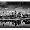 Cambodia landmark Angkor Wat with reflection in water. Black and white verson
