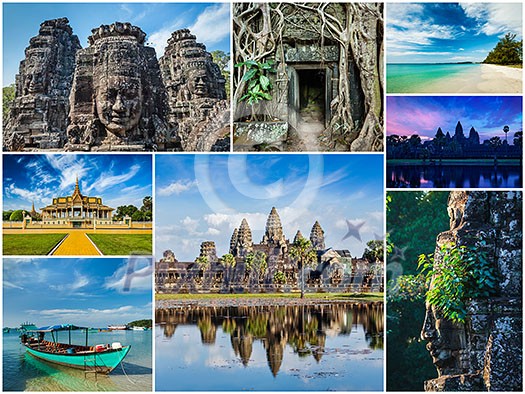 Collage of Cambodia travel images of tourist landmarks Collage of Cambodia travel images of tourist landmarks