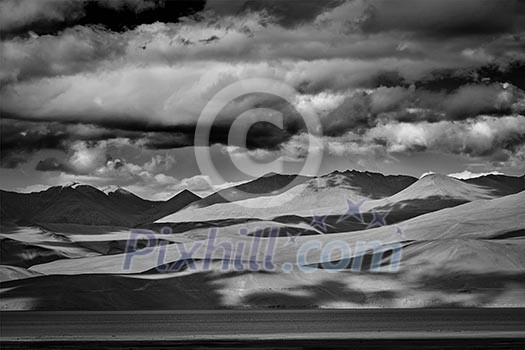 Himalayan mountain lake in Himalayas Tso Moriri official name: Tsomoriri Wetland Conservation Reserve, Korzok, Changthang area, Ladakh, Jammu and Kashmir, India. Black and white version Himalayan mountain lake in Himalayas Tso Moriri official name: Tsomoriri Wetland Conservation Reserve, Korzok, Changthang area, Ladakh, Jammu and Kashmir, India. Black and white version