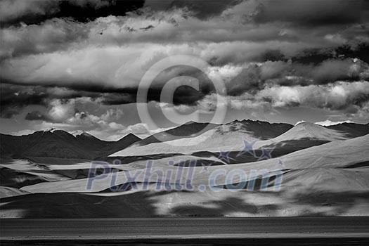 Himalayan mountain lake in Himalayas Tso Moriri official name: Tsomoriri Wetland Conservation Reserve, Korzok, Changthang area, Ladakh, Jammu and Kashmir, India. Black and white version