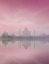 Taj Mahal on sunrise sunset reflection in Yamuna river panorama in fog, Indian Symbol - India travel background. Agra, Uttar Pradesh, India