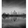 Taj Mahal with reflection in Yamuna river in fog, Indian Symbol - India travel background. Agra, Uttar Pradesh, India. Black and white version